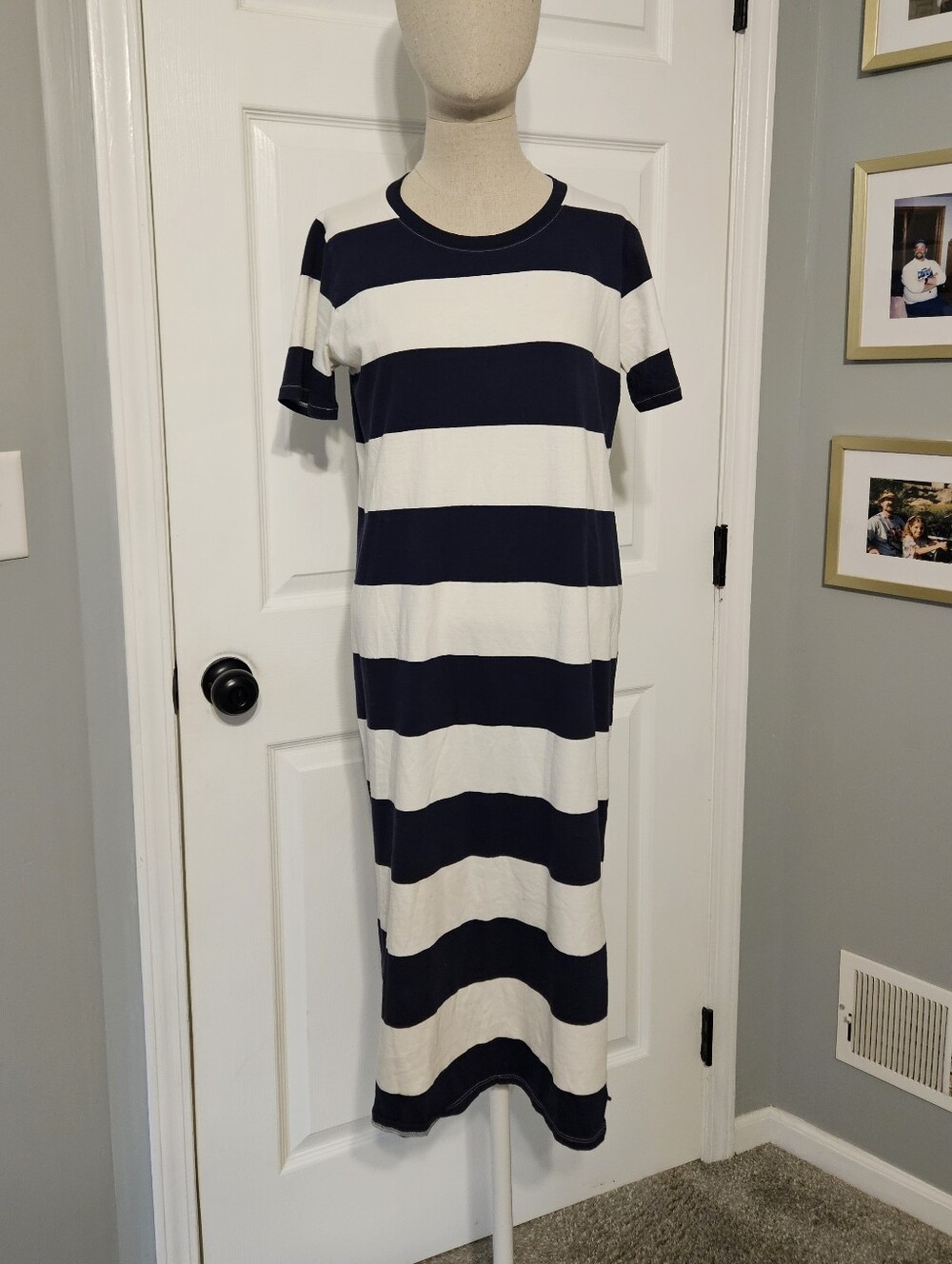 J. Crew Factory Navy and White Striped Midi T-Shirt Dress